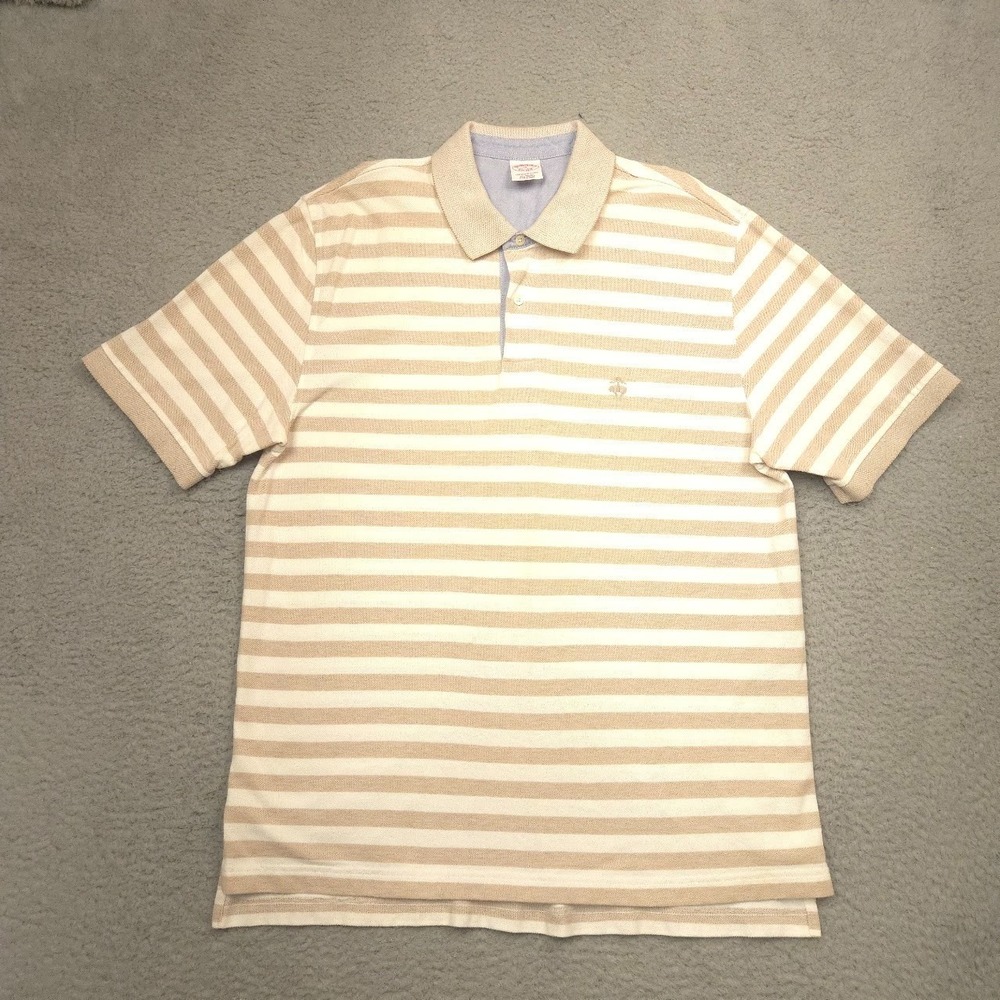 Brooks Brothers Polo Shirt Mens XL Tan White Striped Short Sleeve Cotton